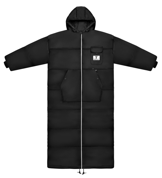 ThermoTuff Black heated fur-lined long sleeve sleeping bag jacket, front view [color:Black]